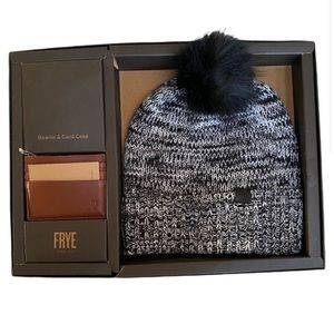 Frye knit beanie hat leather card holder gift set
